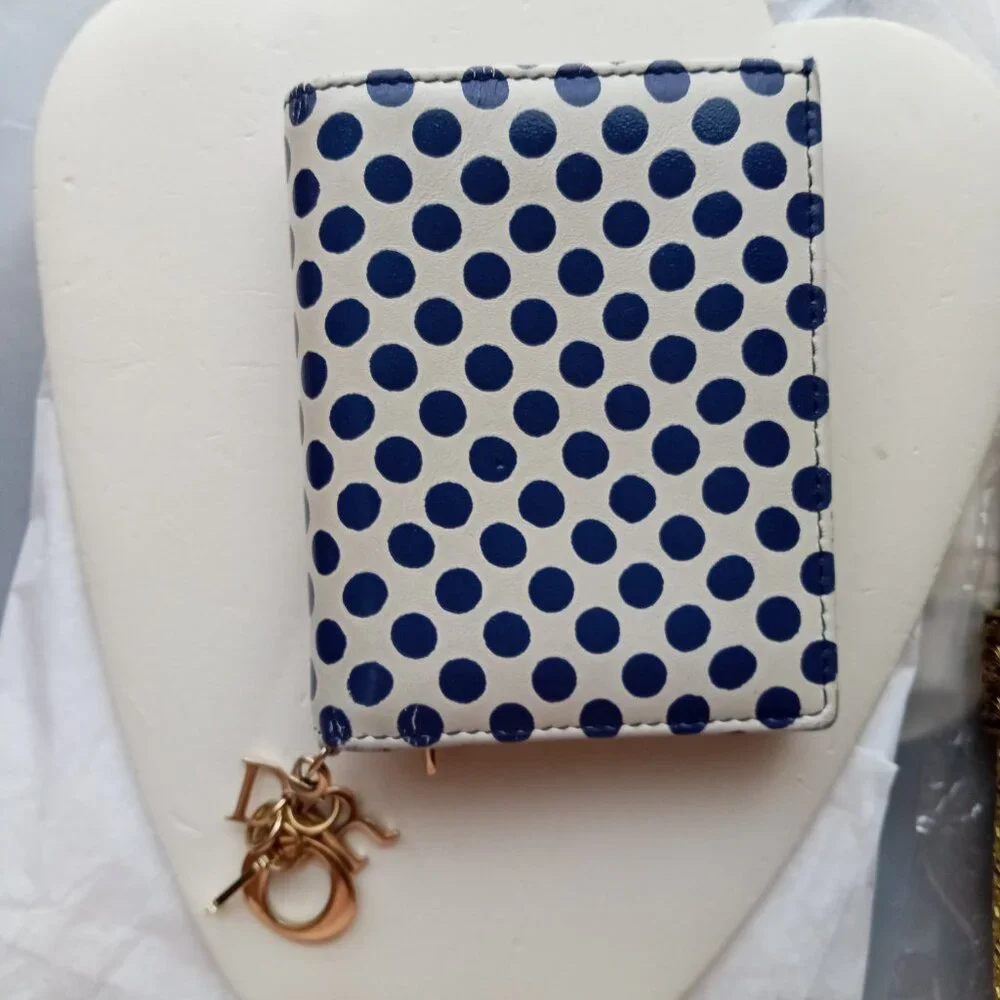 Christian Dior Cream & Blue Dot Leather Bi-Fold Small Wallet with letters charm